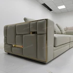 Modern Luxury Modular Leather Sofa with Grid Tufted Craftsmanship & Polished Gold Stainless Steel Accents